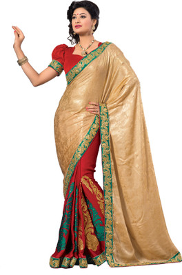 M.S.Retail Self Design Fashion Crepe, Satin Saree(Red, Beige)