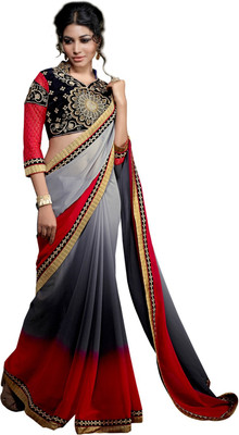 Manthan Embroidered Daily Wear Georgette Saree(Grey, Red)