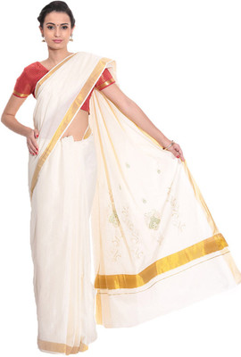 Darps Self Design Balarampuram Cotton Saree(Multicolor), Cream