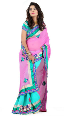 Rangbarshe Embroidered Fashion Georgette Saree(Pink, Blue), Pink;skyblue
