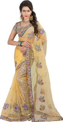 Gunjan Creations Embroidered Fashion Net Saree(Pack of 2, Mustard), Chiku