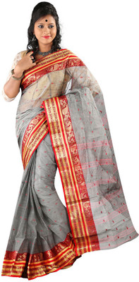 Hawai Self Design Tant Handloom Cotton Saree(Grey, Red)