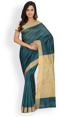 Pavechas Striped Banarasi Silk Cotton Blend Saree(Green, Beige), Rama