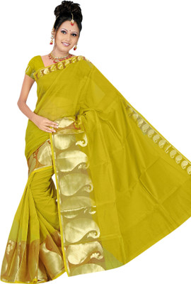 Pavechas Printed Maheshwari Cotton, Polycotton Saree(Green, Mehndi
