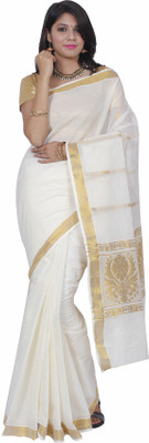 Fashionkiosks Solid Fashion Handloom Cotton Saree(White), White gold