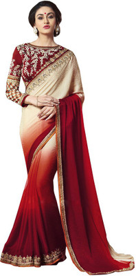 Parisha Embroidered Fashion Georgette Saree(Beige, Red), Cream;red