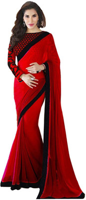 Snh Export Solid Bollywood Georgette Saree(Red)