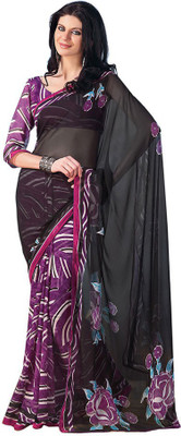 Indian Wear Online Printed Fashion Pure Chiffon Saree(Black)