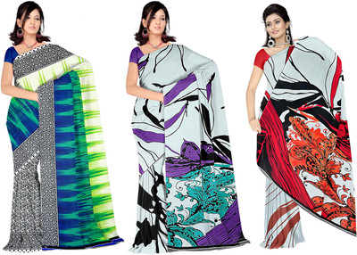 Lovely Look Printed Daily Wear Georgette Saree(Pack of 3, Blue, Purple, Red)