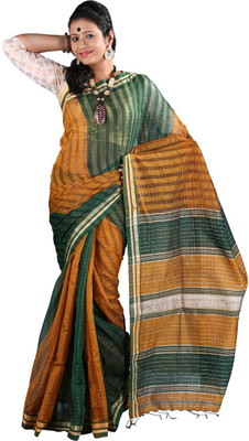 Hawai Striped Fashion Handloom Cotton Saree(Multicolor), Dark green