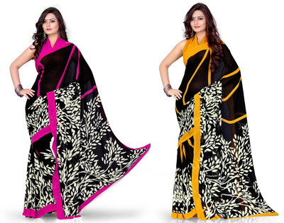 EthnicQueen Floral Print Fashion Georgette Saree(Pack of 2, Black)