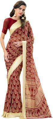 Parisha Printed Daily Wear Georgette Saree(Maroon, White), Maroon & cream