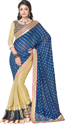 Saara Printed Fashion Viscose Saree(Blue, Gold), Blue;golden