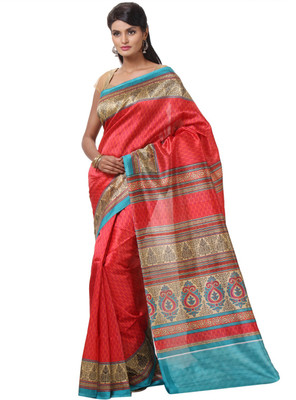 JTInternational Printed Bhagalpuri Silk Saree(Red, Beige), Beige;red