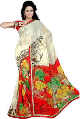 Stylish Girls Printed Fashion Chiffon Saree(White)
