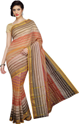 Pavechas Striped Mangalagiri Cotton Saree(Multicolor, Beige