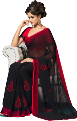 Parisha Embroidered Fashion Chiffon Saree(Black, Red)