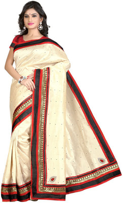 Saara Embroidered Fashion Chiffon Saree(White, Red), Cream