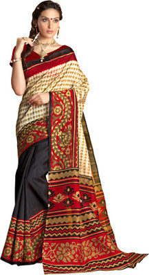 Parisha Printed Fashion Art Silk Saree(Beige, Black)