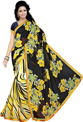 Stylish Girls Printed Fashion Chiffon Saree(Black)