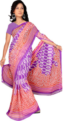 Khushali Self Design, Printed Fashion Chiffon Saree(Purple, White, Multicolor), Multicolor;purple;white