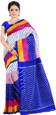 Manthan Printed Daily Wear Art Silk Saree(White, Blue)