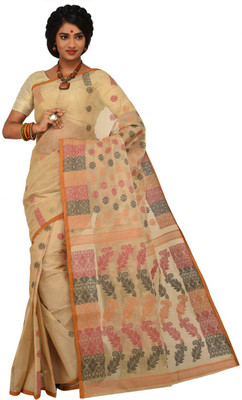 Sangam Kolkata Embellished Fashion Handloom Cotton Saree(Beige)