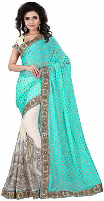 Saara Printed Fashion Georgette Saree(White, Blue), Green and cream