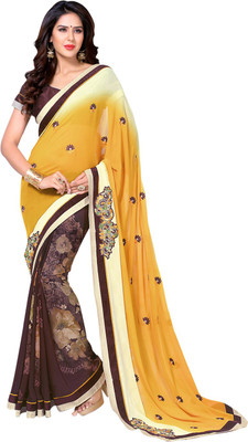 Saara Embroidered Fashion Georgette Saree(Yellow, Brown)