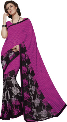 Ishin Printed Fashion Georgette Saree(Pink), Black;pink