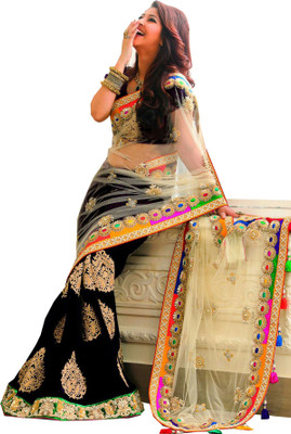 Radhika Sari Self Design Bollywood Handloom Net Saree(Black, White)