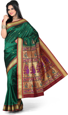Ishin Printed Paithani Art Silk Saree(Green)