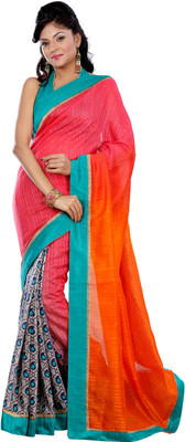 JTInternational Printed Bhagalpuri Silk Saree(Orange, Grey), Grey;orange