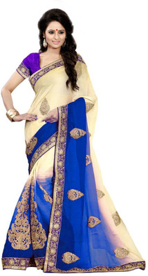 Viha Embroidered Fashion Georgette Saree(Blue, Beige), Beige;blue