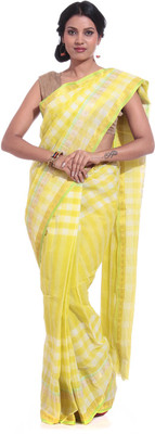 Adaab Checkered Tant Handloom Cotton Saree(Light Green), Pista