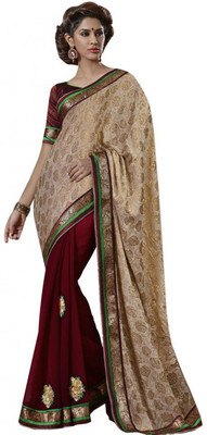 Desi Butik Self Design Fashion Chiffon Saree(Multicolor), Gold;maroon