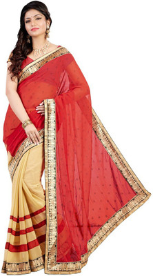 Desi Butik Printed Fashion Georgette Saree(Red, Beige), Red and beige