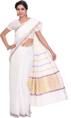 Fashionkiosks Self Design Balarampuram Cotton Saree(Multicolor), Cream