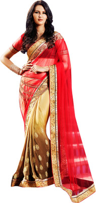 Brijraj Embroidered Fashion Net, Georgette Saree(Brown, Gold, Red)