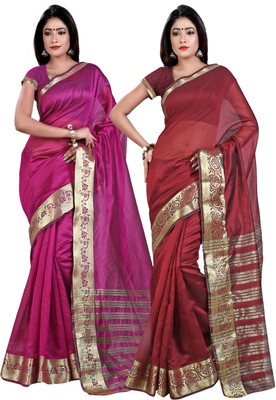 Weavedeal Solid Banarasi Chanderi Saree(Pack of 2, Multicolor)