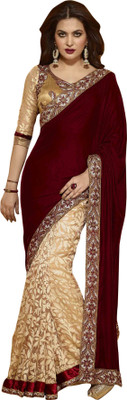 Kvsfab Self Design Fashion Velvet Saree(Maroon), Beige;maroon