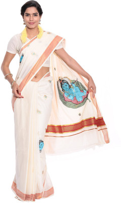 Darps Self Design Balarampuram Cotton Saree(Multicolor), Cream