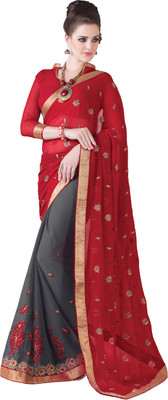 Parisha Embroidered Fashion Georgette Saree(Red, Grey), Grey;red