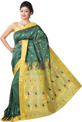 Ishin Printed Fashion Cotton Saree(Green), Dark green