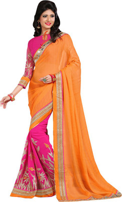 Party Wear Dresses Embroidered Fashion Chiffon Saree(Orange, Pink)