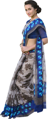 Jiya Self Design, Printed Fashion Polycotton Saree(Grey, Blue), Blue;grey