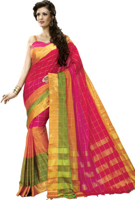 Ishin Checkered Fashion Cotton Saree(Multicolor)