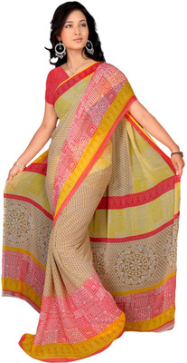 Jiya Self Design, Printed Fashion Chiffon Saree(Red, Multicolor), Multicolor;red