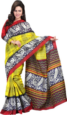 Saara Printed Fashion Cotton Saree(Yellow, Blue), Blue;yellow