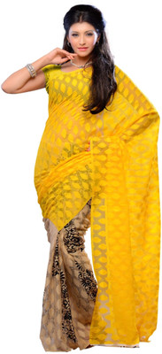 JTInternational Self Design Fashion Jacquard Saree(Yellow, Beige)